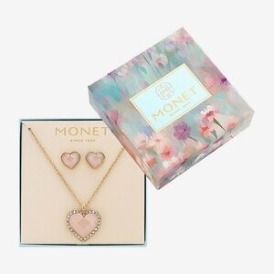 NEW Monet Jewelry Gold Tone Womens Pink Glass Heart 2-pc. Jewelry Set